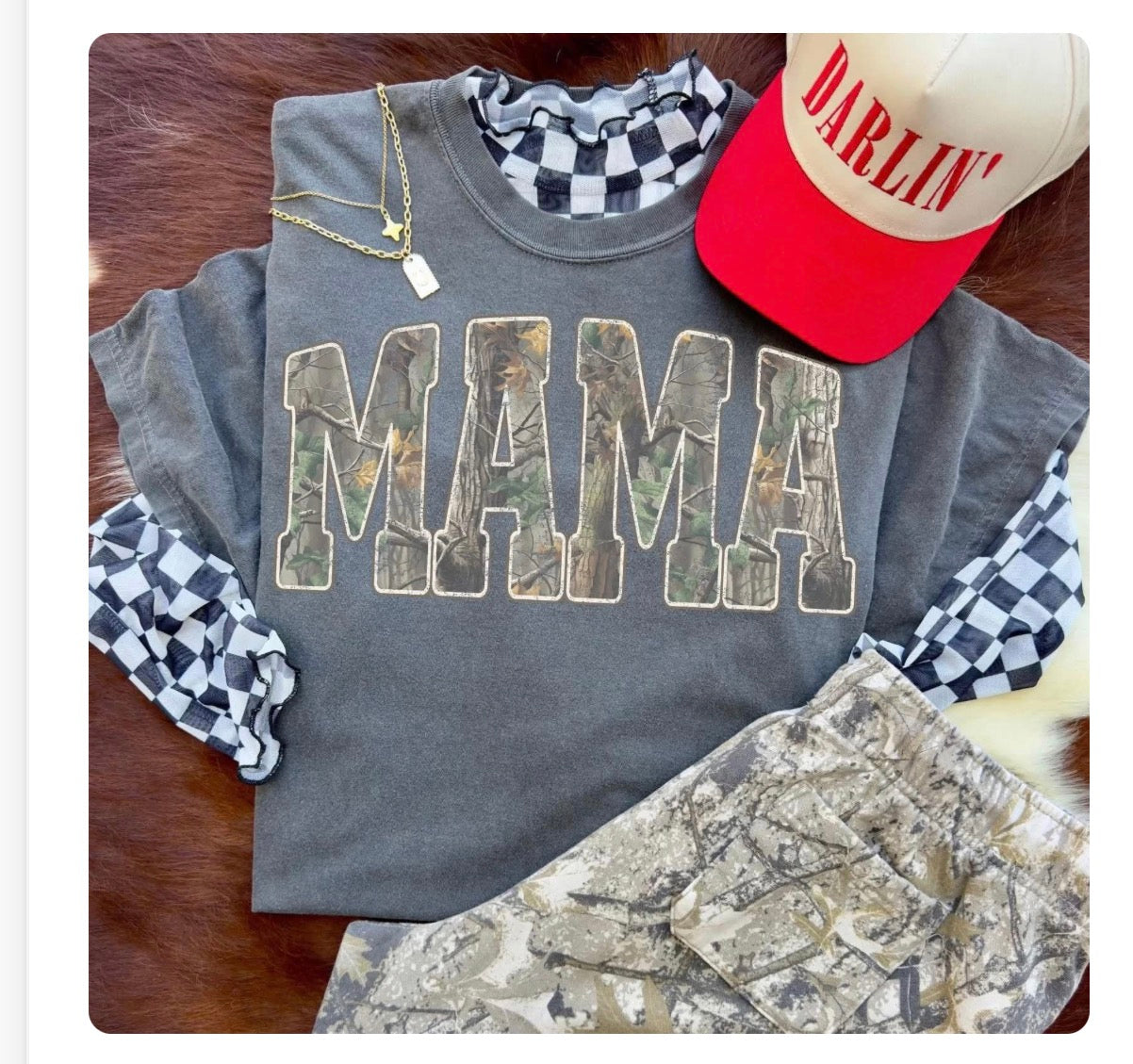 Mama Camo Letters on Comfort Colors Pepper T Shirt by Knitted Grace Boutique