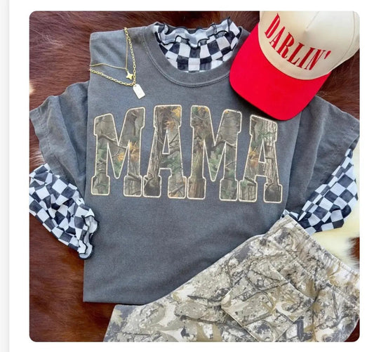 Mama Camo Letters on Comfort Colors Pepper T Shirt by Knitted Grace Boutique