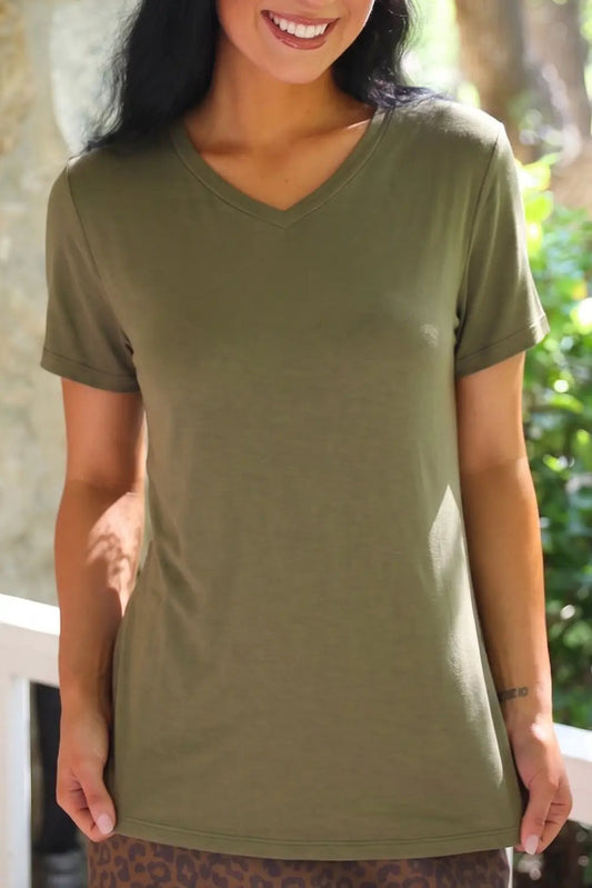 Jess Lea Olive Basic Tee Preorder V Neck Short Sleeve Rounded Hem by Jess Lea