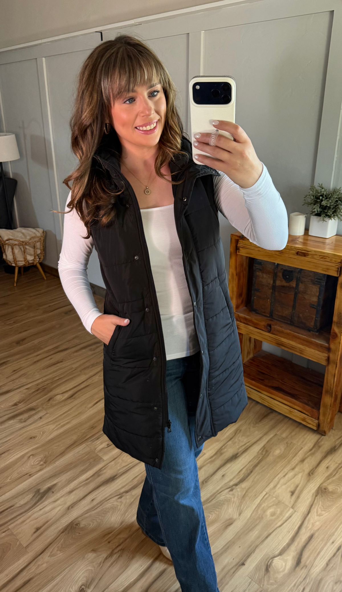 Harlow Long Vest Dual Pockets Mixed Zipper Button Closure Black by Michelle Mae