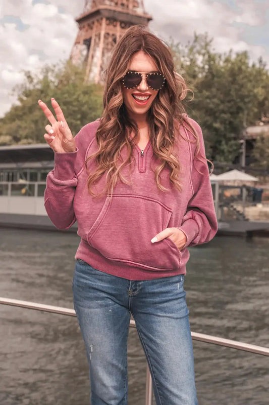 Carly Hooded Half Zip in Burgundy by Knitted Grace Boutique