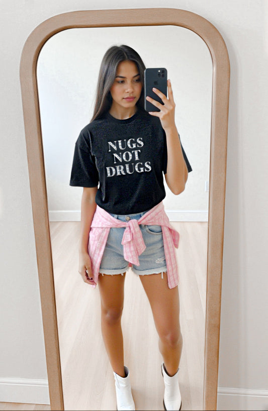 “Nugs Not Drugs” Graphic & Studded Washed Tee - Girl Code Couture