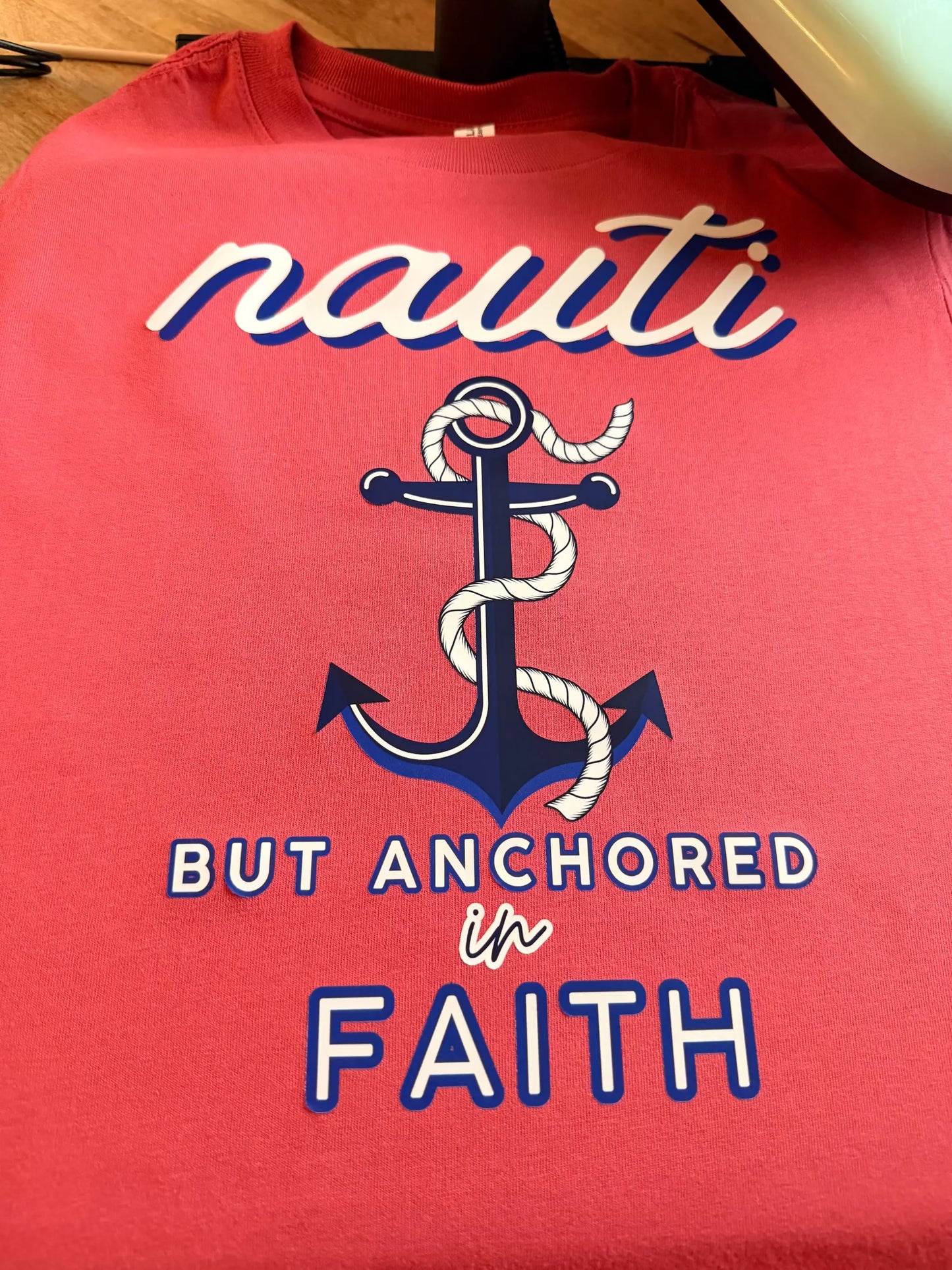 Nauti But Anchored in Faith Midi-Length Ladies T-Shirt by Knitted Grace