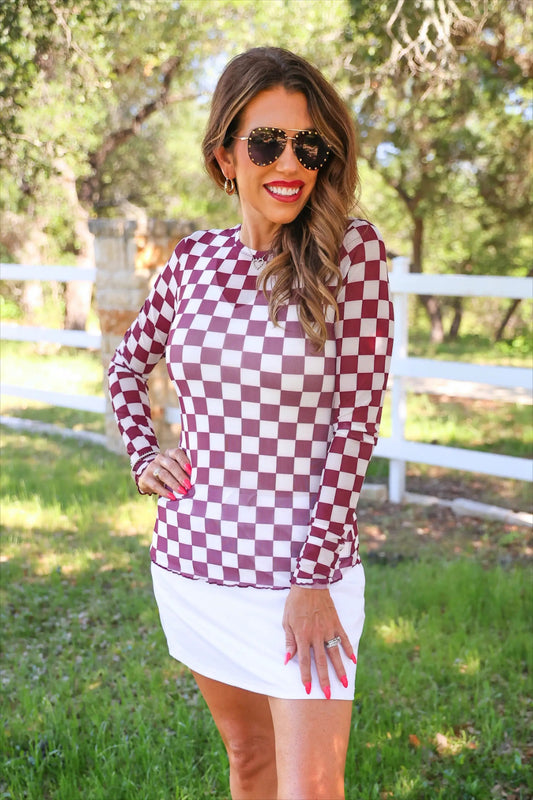 PREORDER- Alyssa Mesh Top- Maroon Checkered by Jess Lea