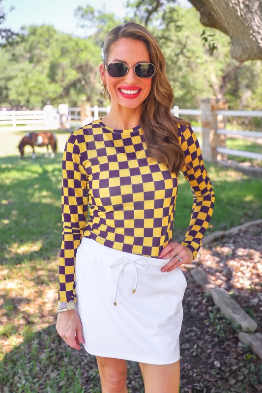 PREORDER- Alyssa Mesh Top- Purple/Yellow Checkered by Jess Lea