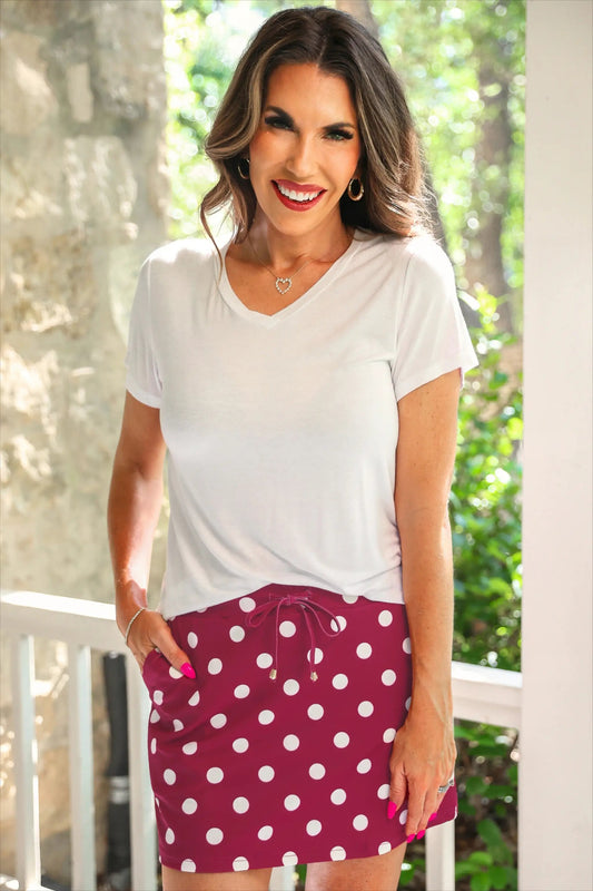 Preorder Burgundy Polka Dot Skort With Pockets And Drawstring by Jess Lea
