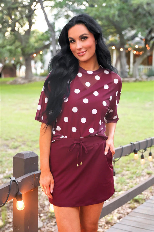 Preorder Emma Mesh Tee Burgundy Polka Dot Lightweight Boxy Top by Jess Lea