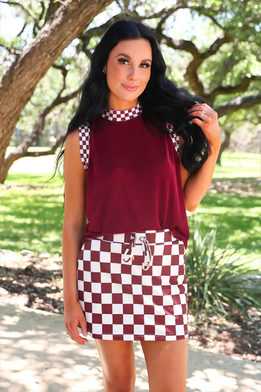 PREORDER- Let's Go Checkered Skort- Maroon by Jess Lea