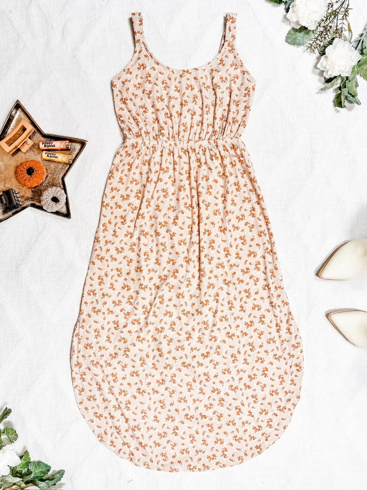 Reagan Ribbed Midi Dress Sand Rust Floral Print For Women
