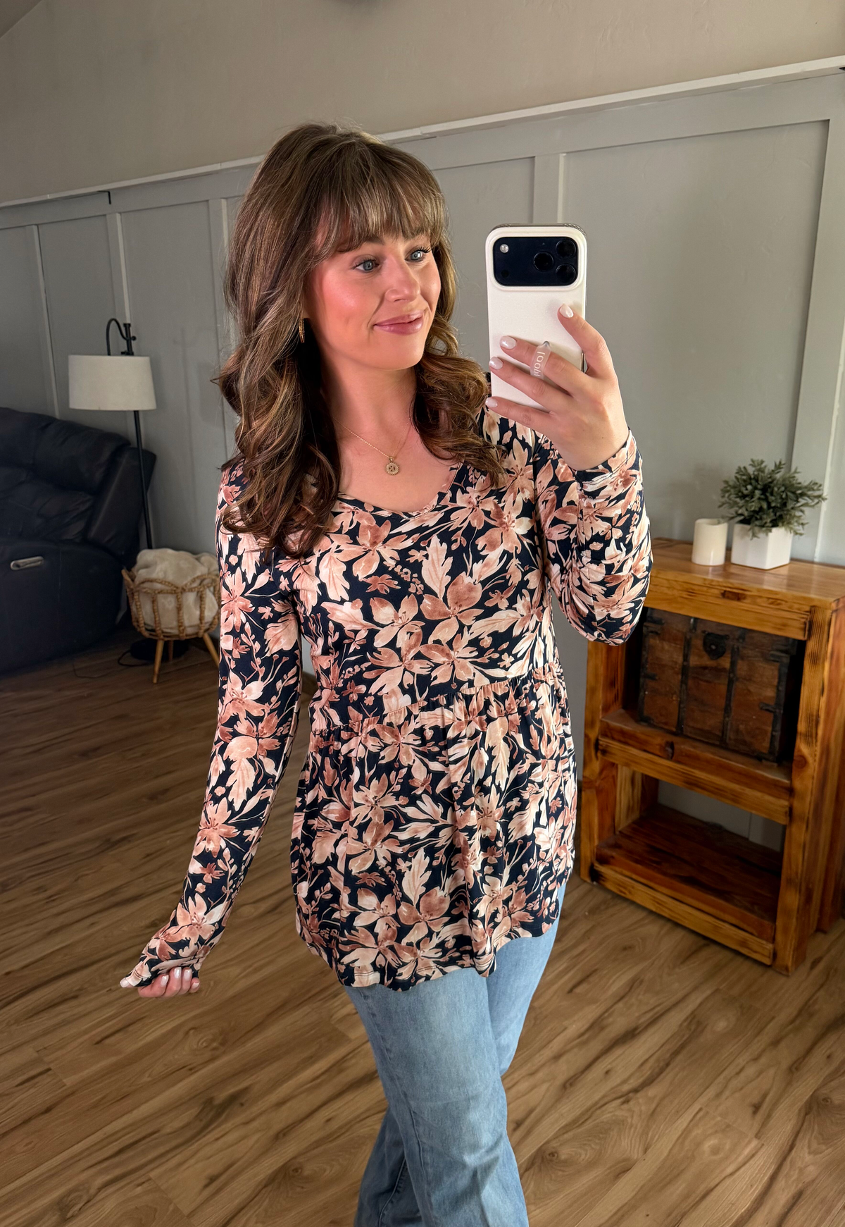 IN STOCK Long Sleeve Sarah Ruffle Top - Navy Autumn Petals by Michelle Mae