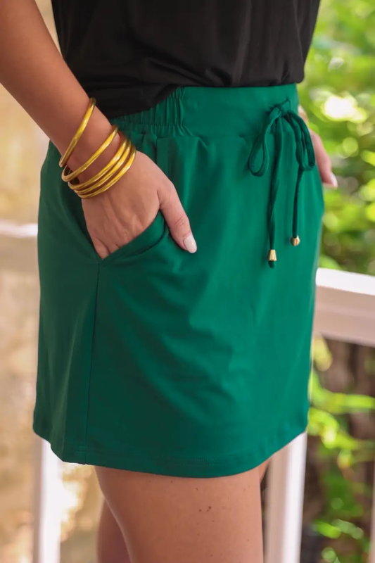 Solid Emerald Skort With Elastic Back Built In Shorts Pockets Drawstring by Jess Lea