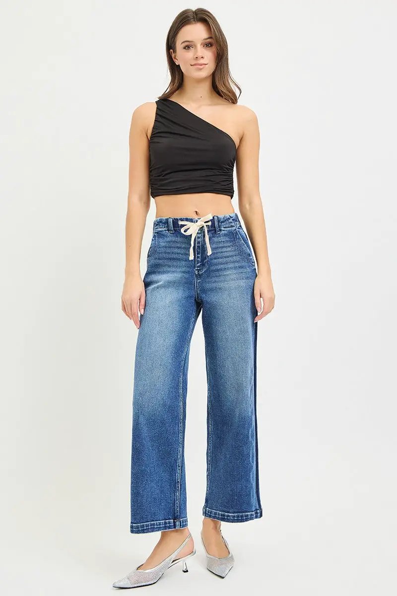 RISEN Elastic Band High Rise Cropped Wide Jeans by Trendsi