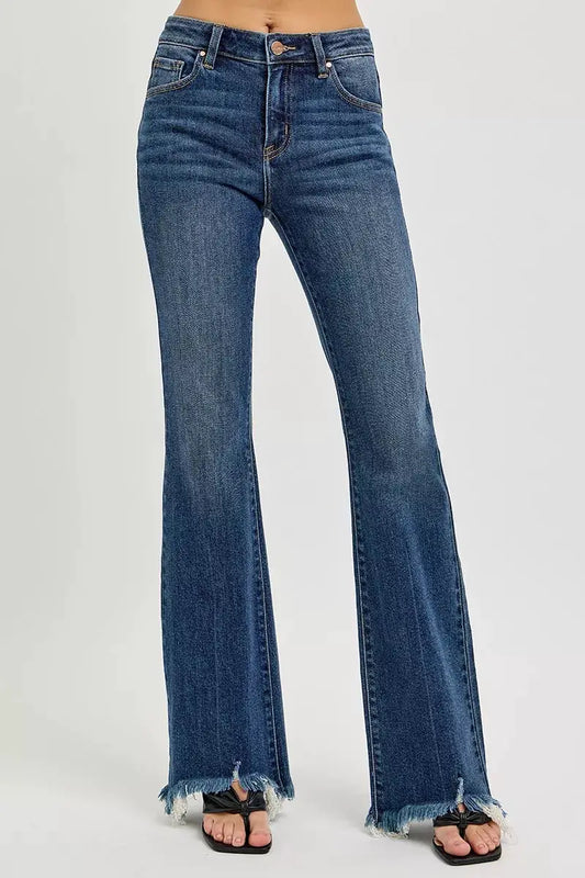 RISEN Mid Rise Flare Frayed Hem Jeans by Trendsi