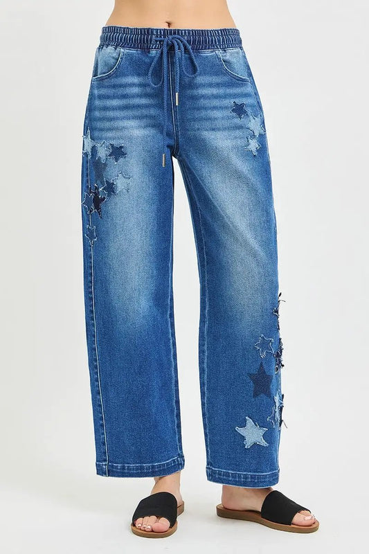 RISEN Elastic Band Slouchy Cropped Barrel with Star Patch by Trendsi