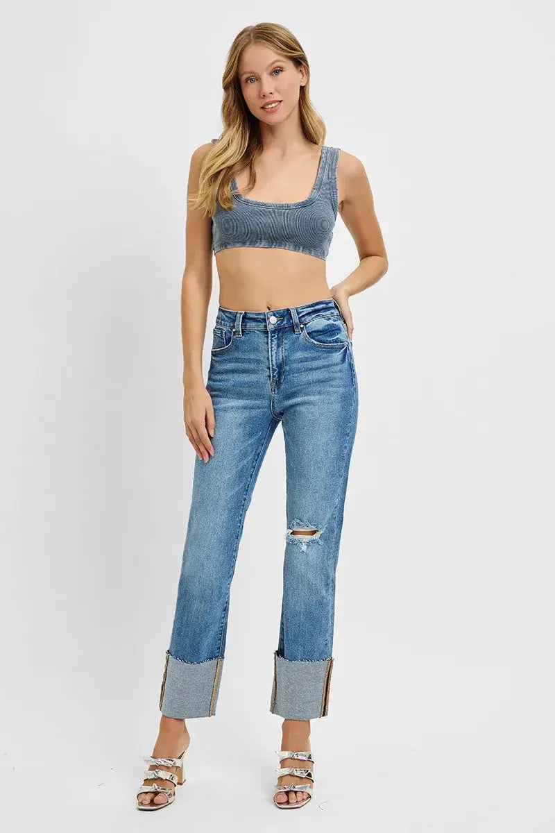 RISEN High Rise Ankle Straight Wide Cuffed Jeans by Trendsi