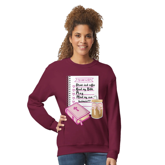 Bible & Iced Coffee Classic Unisex Crewneck Sweatshirt | Gildan® 18000 Maroon by Knitted Grace Boutique