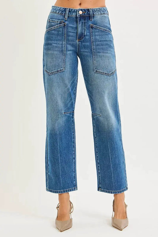RISEN 4 Way Stretch Mid Rise Barrel Jeans with Patch Pocket Detail by Trendsi