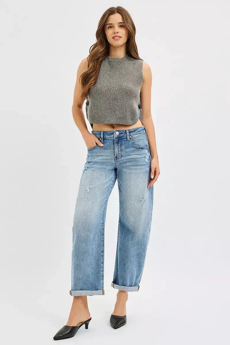 RISEN Slouchy Ankle Length Barrel Jeans with Cuffs by Trendsi