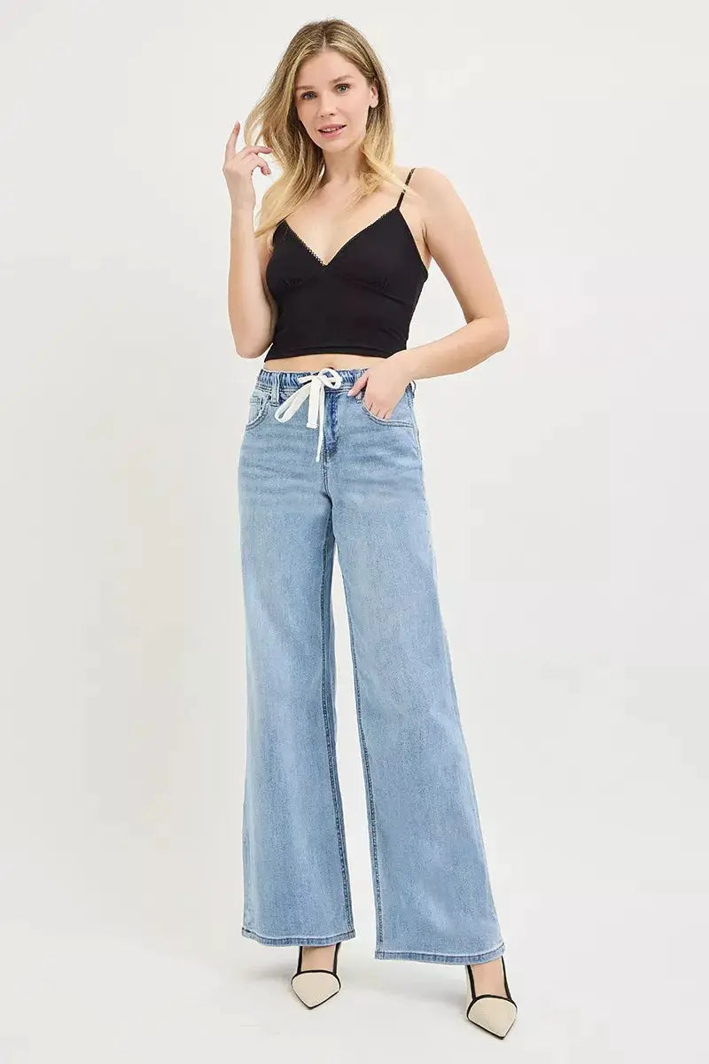 RISEN Elastic Band Slouchy Wide Jeans with Drawstring by Trendsi