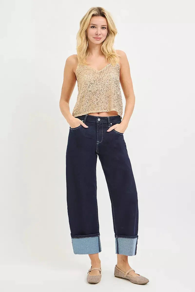 RISEN Slouchy Crop Barrel Cuffed Hem Jeans by Trendsi