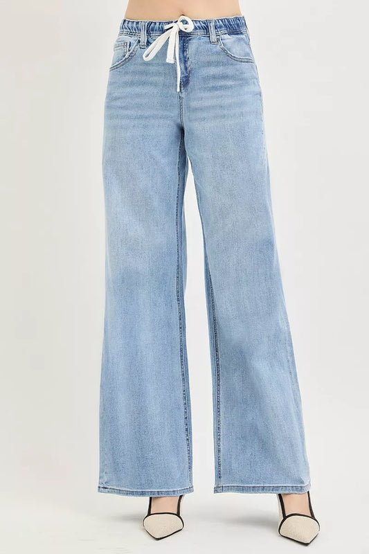 RISEN Elastic Band Slouchy Wide Jeans with Drawstring by Trendsi