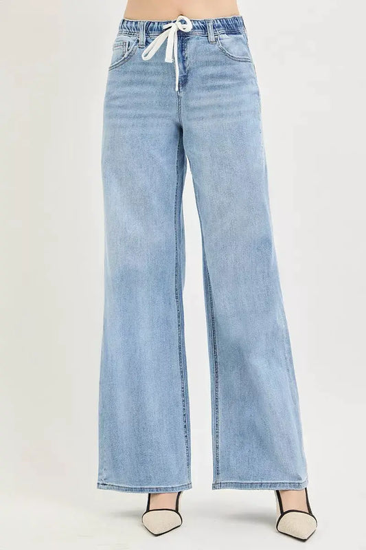 RISEN Elastic Band Slouchy Wide Jeans with Drawstring by Trendsi