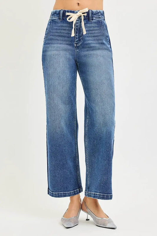 RISEN Elastic Band High Rise Cropped Wide Jeans by Trendsi