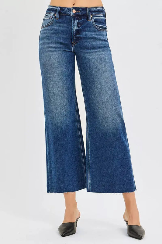 RISEN Mid Rise Crop Wide Raw Cut Hem Jeans by Trendsi