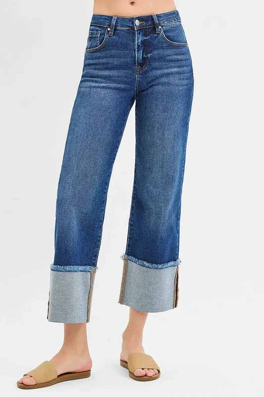 RISEN Mid Rise Crop Wide Wide Cuffed Jeans by Trendsi