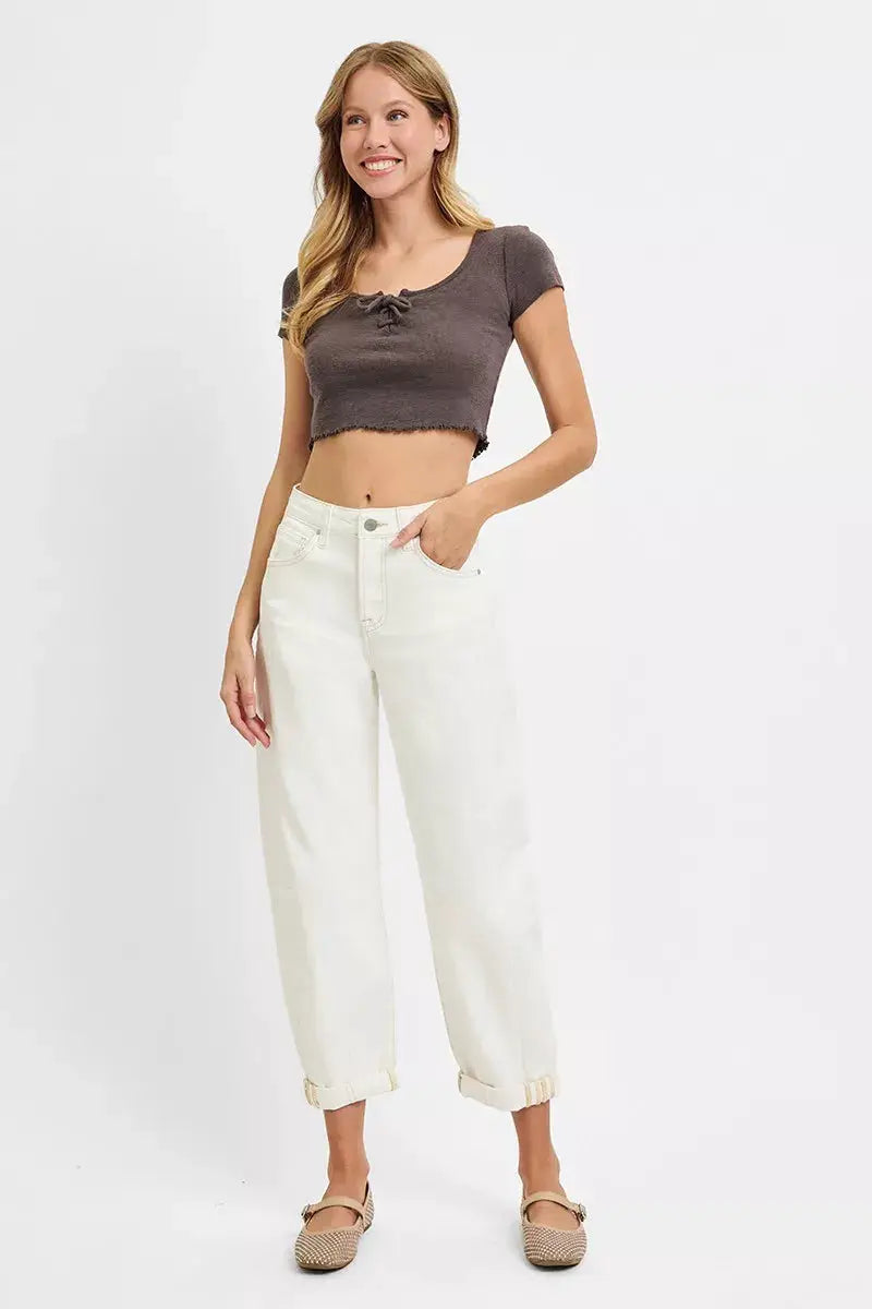 RISEN High Rise Barrel Cropped Jeans by Trendsi