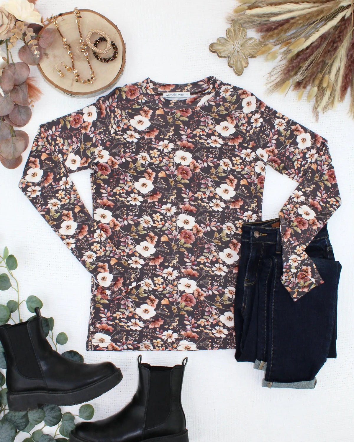 Womens Fitted Blushwood Floral Long Sleeve Top With Thumbholes Faux Bodysuit