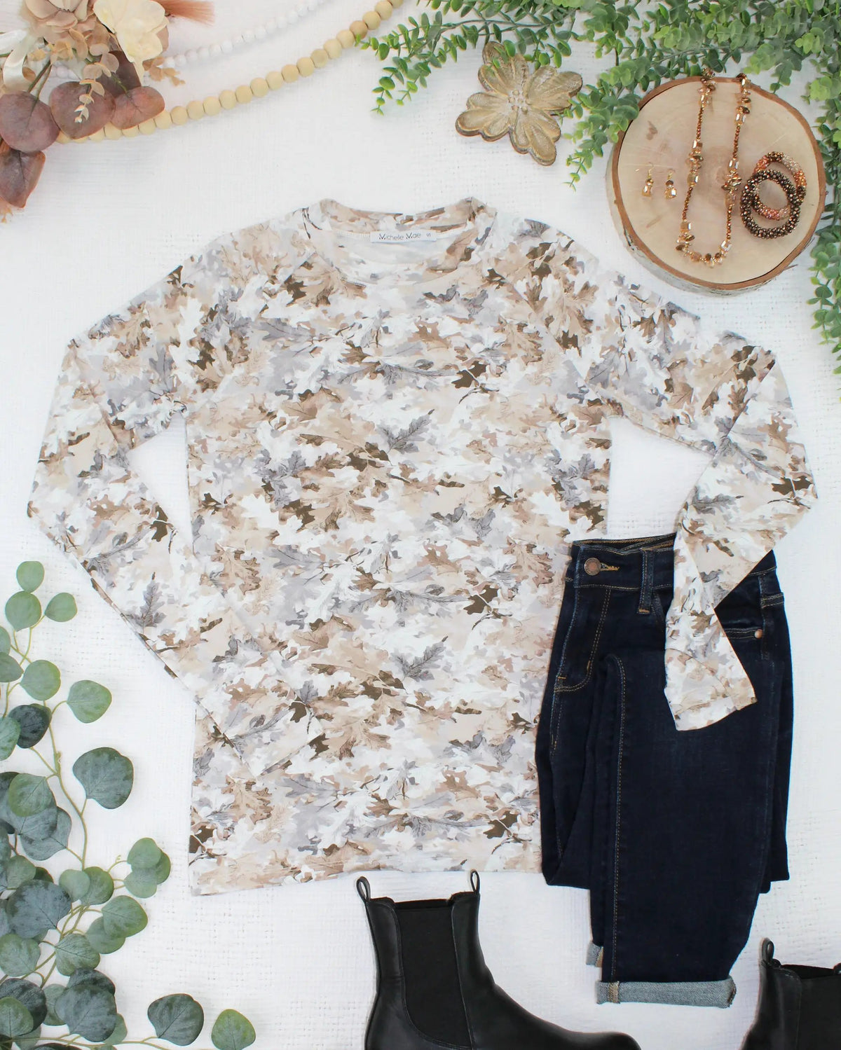 IN STOCK Blair Long Sleeve Top - Neutral Leaves by Michelle Mae