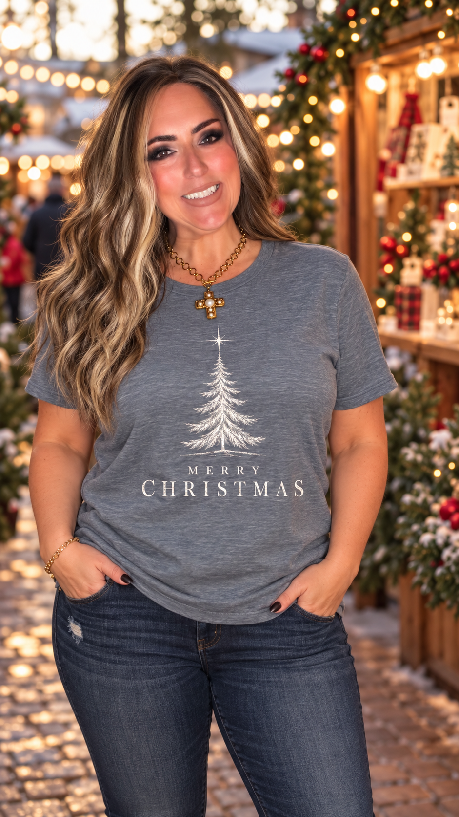 Merry Christmas White Text Vintage Blue Christmas Tree T Shirt by Knitted Grace Boutique