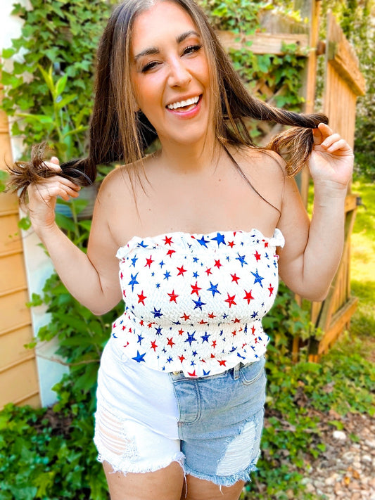 Star Smocked & Ruffled Cropped Tube Top - Girl Code Couture