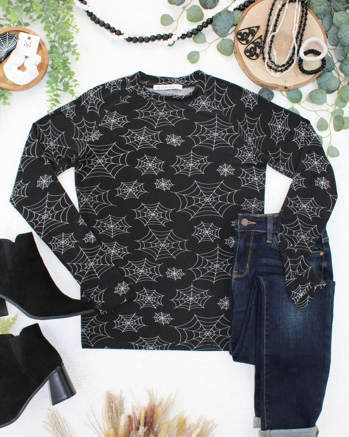 Blair Long Sleeve Top Fitted Thumbholes High Neckline Midnight Webs