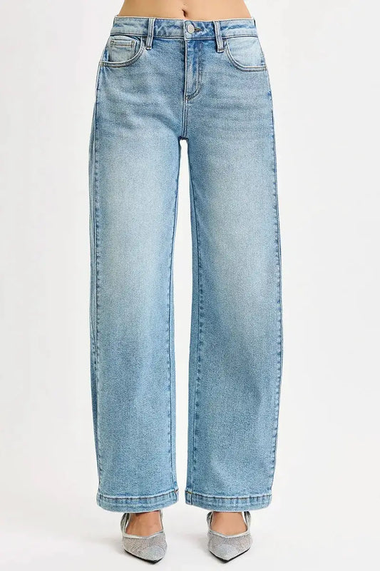 RISEN Mid Rise Wide Barrel Transferable Leg Snap Jeans by Trendsi