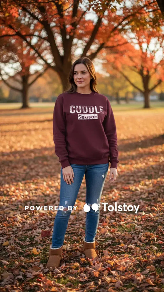 Woman wearing a maroon sweatshirt with 'Cuddle Season' text in an autumn park, Tolstoy logo visible.
