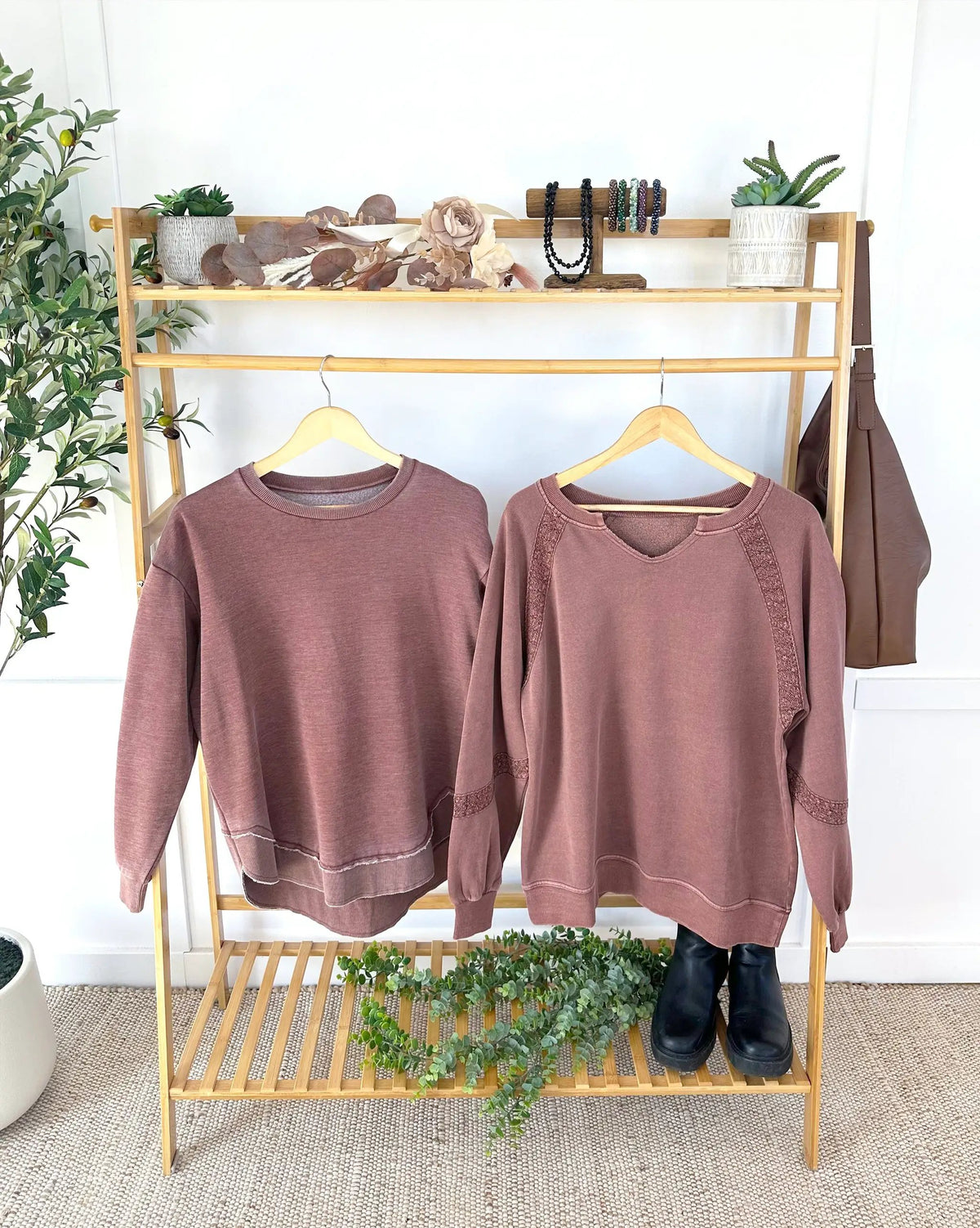 IN STOCK Lace Accent Vintage Wash Pullover - Brown by Michelle Mae