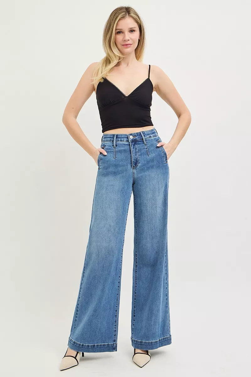 RISEN Tummy Control Elastic Band High Rise Wide Jeans by Trendsi