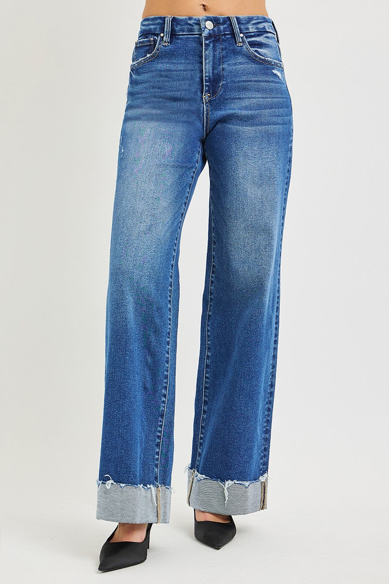 RISEN High Rise Wide Leg Jeans With Cuffed Hem by Trendsi