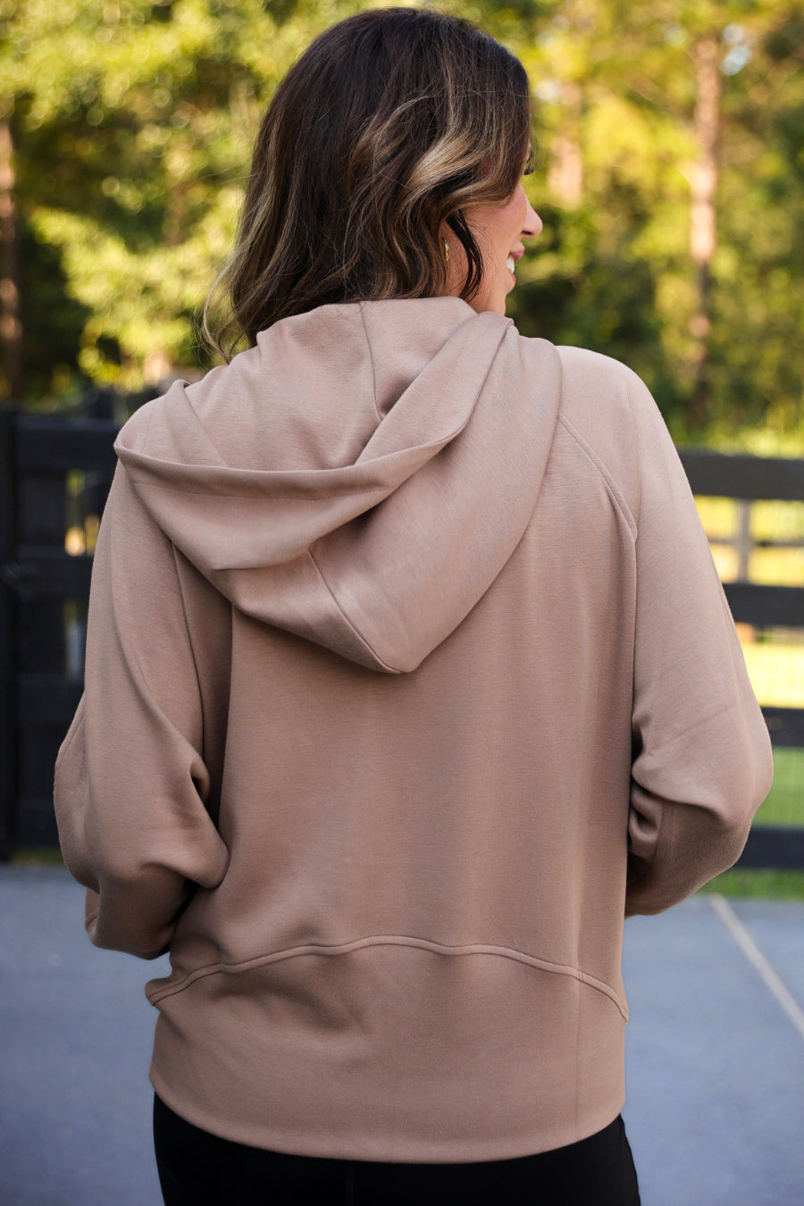 PREORDER- Kayla Luxe Hooded Quarter Zip Pullover- Mocha
