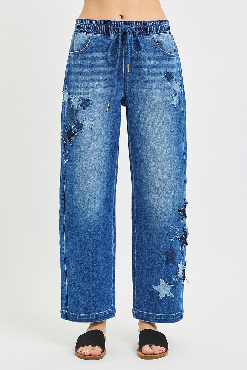 RISEN Elastic Band Slouchy Cropped Barrel with Star Patch by Trendsi