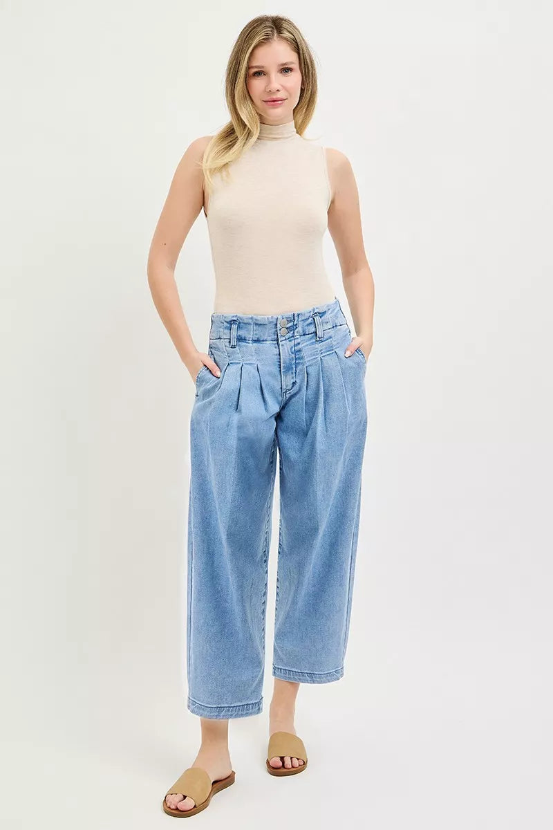 RISEN Slouchy Crop Barrel Pleated Jeans by Trendsi
