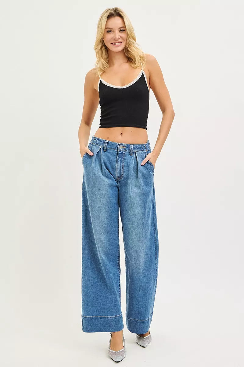 RISEN Slouchy Wide Leg Jeans With Pleats by Trendsi