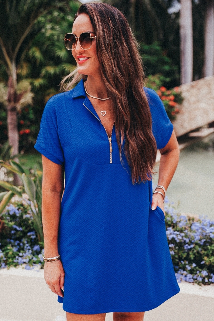 Ezra Textured Zipper Dress- Royal Blue