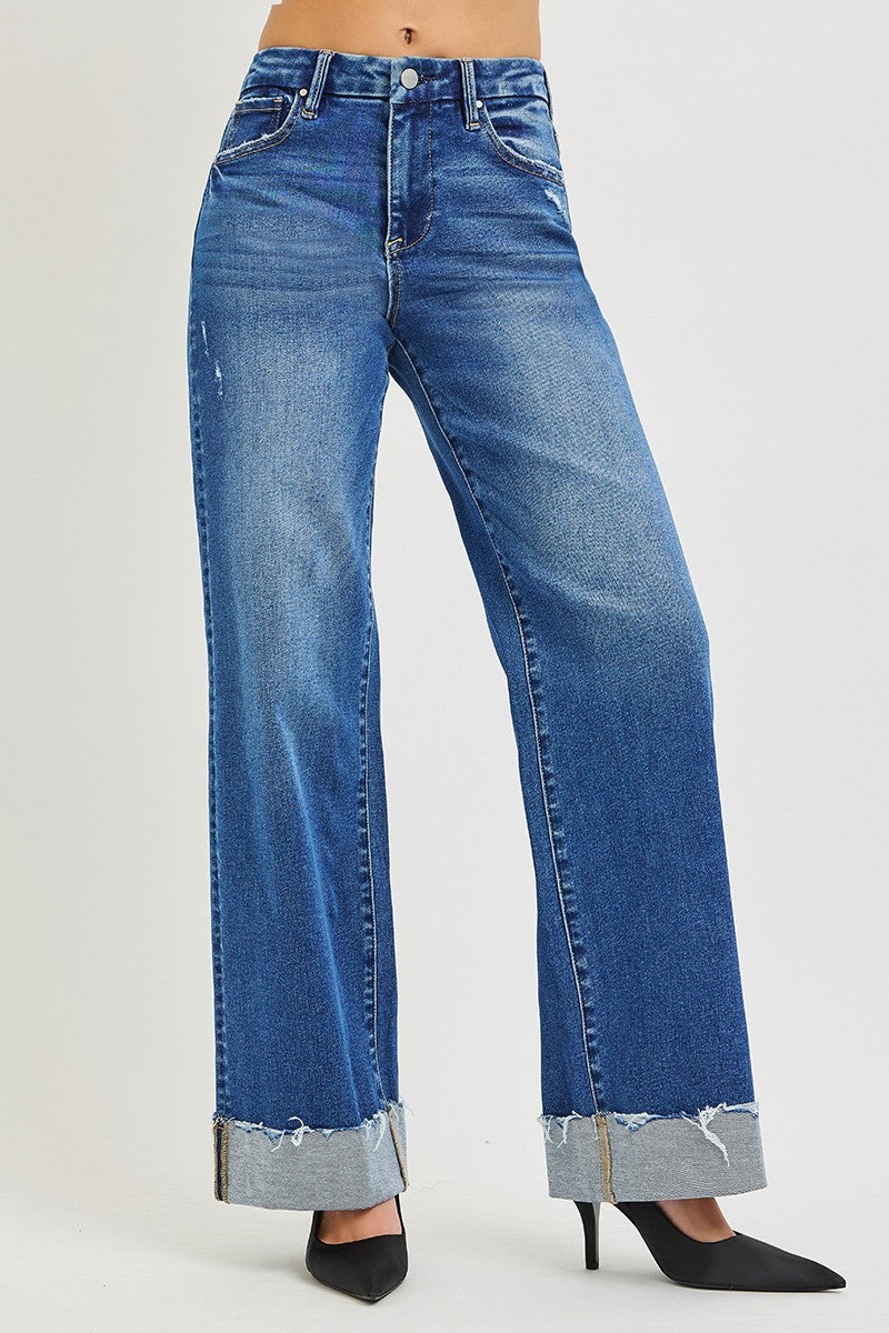 RISEN High Rise Wide Leg Jeans With Cuffed Hem by Trendsi