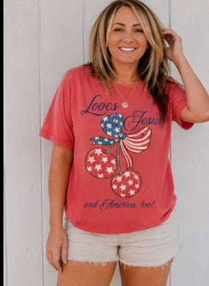 Loves Jesus and America Too Ladies Boxy Cut T-Shirt by Knitted Grace