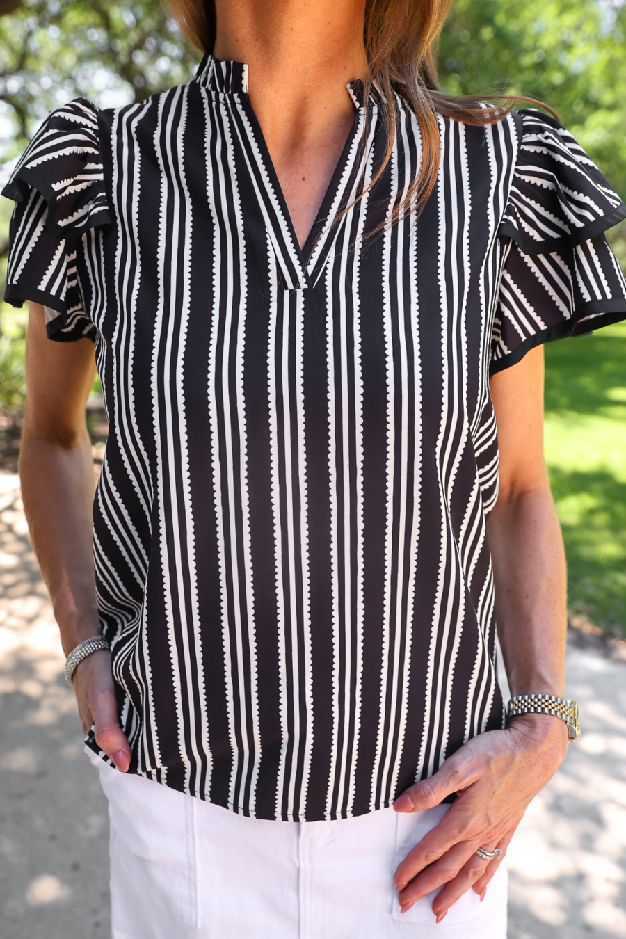 PREORDER- Layla Striped Flutter Sleeve Blouse- Black by Jess Lea