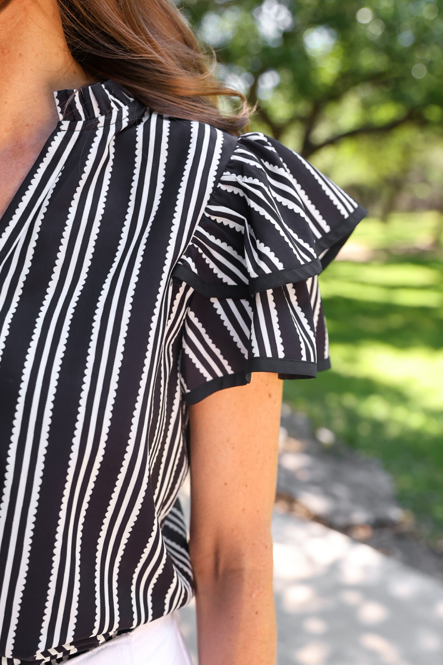 PREORDER- Layla Striped Flutter Sleeve Blouse- Black by Jess Lea