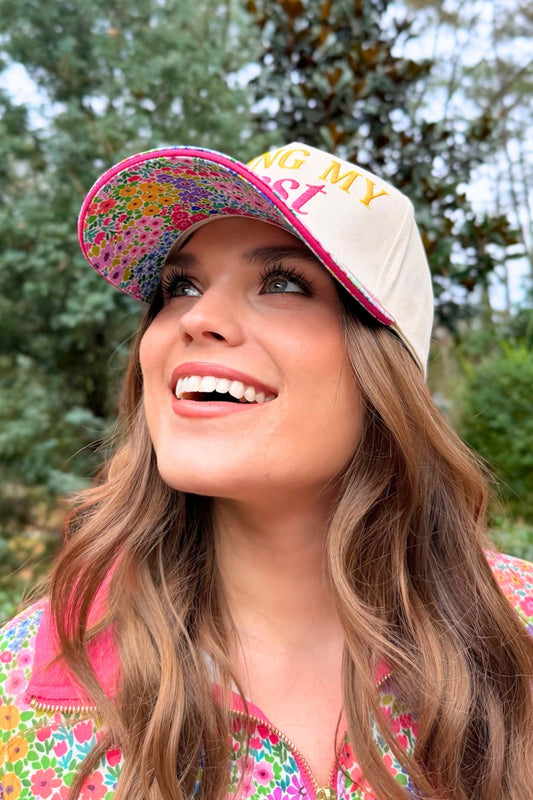 Doing My Best Hat With Embroidered Front And Floral Bill Pink Trim by Jess Lea